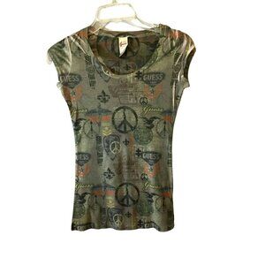 Guess Fitted Roadway Peace Sign Tee Cap Sleeve Women's 4 Green Stretchy Casual